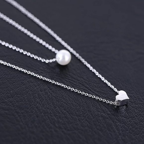 14k Gold Double Layer Pearl Heart Sterling Silver Necklace - Picture 2 of 10